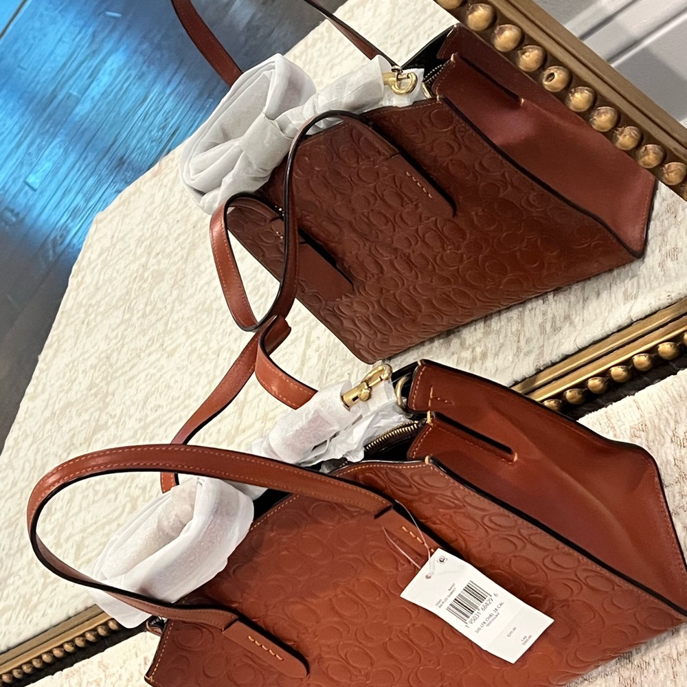 Coach Cognac Pebbled Leather Signature Shoulder Tote